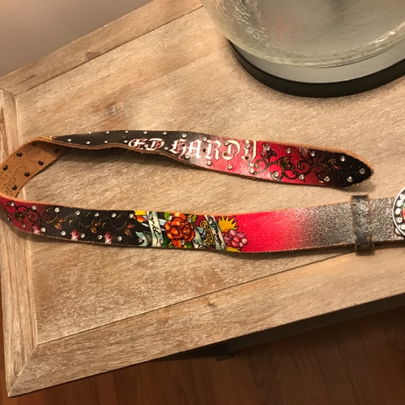VINTAGE ED HARDY BY CHRISTIAN AUDIGIER BIG BUCKLE LEATHER BLING BELT - Picture 6 of 7